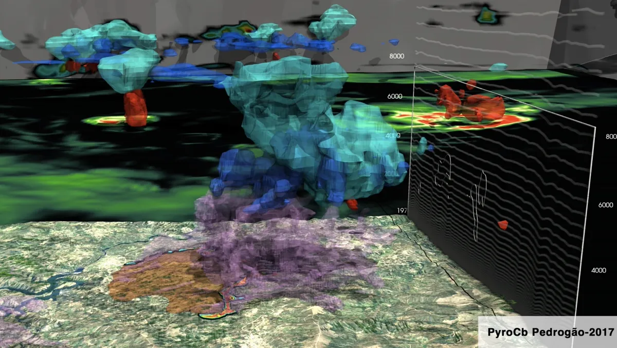 3D volumetric rendering of the pyroconvective plume and downbursts generated by ForeFire's coupled fire-atmosphere model, simulating the 2017 Pedrógão Grande wildfire in Portugal.