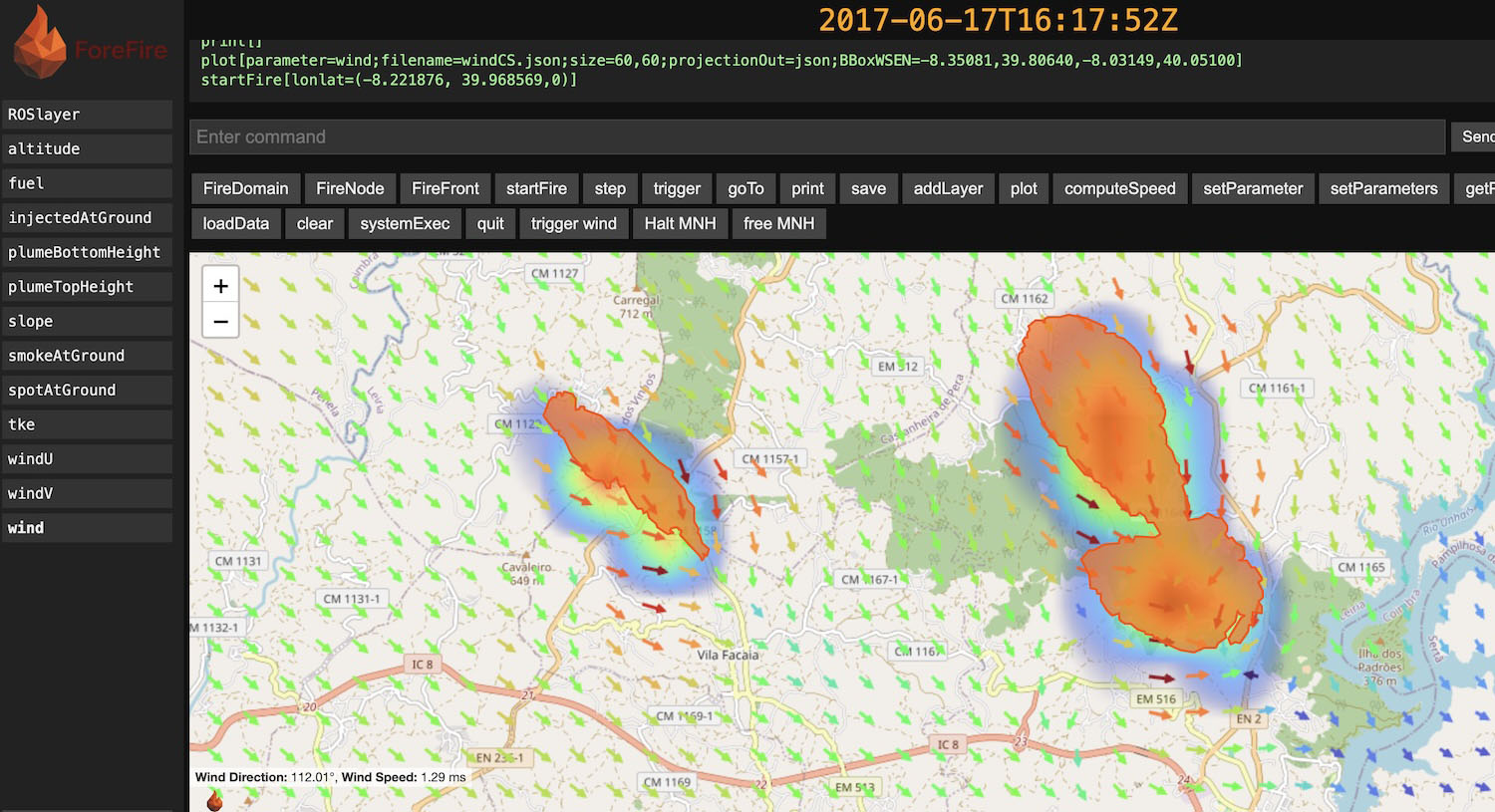 ForeFire simulation of a real wildfire front in Portugal, with wind field overlaid